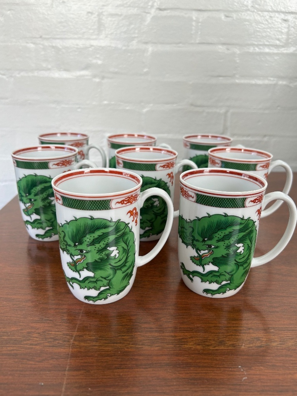 Fitz and Floyd® DISCONTINUED Dragon Crest Green Porcelain Mugs set of 8